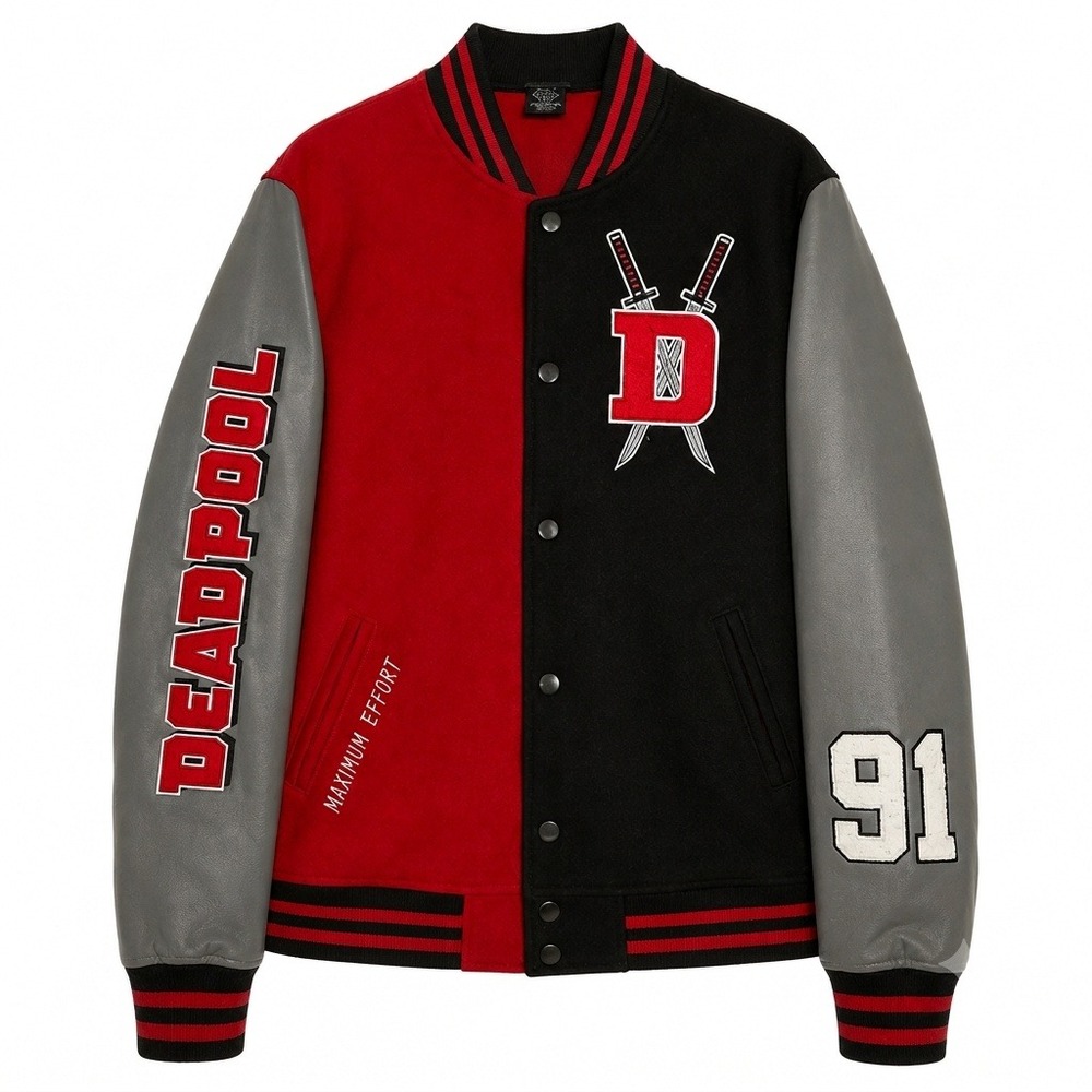 Marvel Deadpool Varsity Jacket Mens Large Bomber Patches Zip Lined Black Red